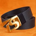 Navy blue nylon braided belt with gold brushed metal S-shaped automatic buckle - Gold Buckle - Royal Blue