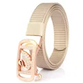 Women's khaki canvas belt featuring a rose gold swan buckle with sparkling rhinestones - Rose Gold Buckle - Khaki