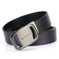 Men's black leather belt with a lion logo brushed gunmetal automatic buckle by TUSHI - 110cm / Black