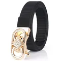 Women's nylon tactical belt with luxury gold buckle featuring sparkling rhinestones - Gold Buckle - Black