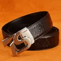 Black ostrich pattern leather belt with brushed silver S-shaped automatic buckle - 105 / Silver Buckle Black
