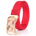 Red nylon woven belt with golden automatic buckle featuring sparkling swan rhinestone design - Rose Gold Buckle - Red