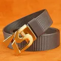 Brown nylon belt with gold S-shape metal buckle for casual and business wear - Gold Buckle - Dark Gray