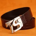 Dark brown crocodile pattern leather belt for men with silver TS automatic buckle - 105cm / Silver Buckle - Coffee