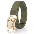 Army green nylon belt with a golden alloy buckle featuring sparkling white rhinestones - Gold Buckle-Military Green