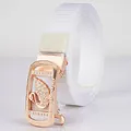 Women's white nylon belt with rose gold swan buckle and sparkling rhinestones - Rose Gold Buckle - White