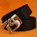 Men's black nylon belt featuring a silver metal S-shaped automatic buckle closure - Silver Buckle - Black