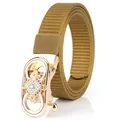 Khaki nylon woven belt with a gold rhinestone-encrusted double-ring buckle - Gold Buckle-Coyote Brown