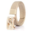 Khaki nylon web belt with gold alloy automatic buckle featuring a crystal swan design - 110cm / Gold Buckle - Khaki