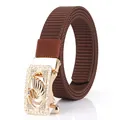 Deep brown nylon woven belt featuring a golden swan buckle with blue crystals - 110cm / Gold Buckle - Coffee