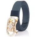 Dark blue nylon belt with gold automatic buckle and sparkling rhinestone accents - Gold Buckle-Royal Blue