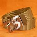 Khaki nylon web belt for men featuring a brushed alloy buckle with S-shaped logo design - Silver Buckle - Wolf Brown