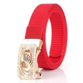Vibrant red nylon belt for women featuring a golden swan buckle with sparkling crystals - 110cm / Gold Buckle - Red