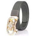 Grey woven nylon belt for women with a gold automatic buckle and rhinestone detailing - Gold Buckle-Dark Gray