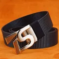 Men's blue nylon belt with a silver S-shaped automatic buckle on orange leather background - Silver Buckle - Royal Blue
