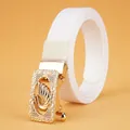White woven nylon belt for women with golden swan buckle and sparkly rhinestones - 110cm / Gold Buckle - White