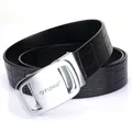Men's black leather belt with crocodile texture and silver brushed automatic buckle - 105cm / Silver Buckle Black
