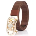 Brown nylon tactical belt with gold rhinestone-encrusted automatic buckle for outdoor style - Gold Buckle-Coffee