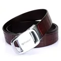 Brown leather men's belt with crocodile texture and silver metal automatic buckle - 105cm / Dark Brown with Silver Buckle