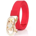 Red nylon woven belt for women with golden floral buckle and rhinestone detail - Gold Buckle - Red