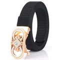 Black nylon belt for women with rose gold rhinestone buckle in a sleek woven texture - Rose Gold-Black