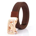 Women's casual nylon belt in dark brown featuring a rose gold swan automatic buckle - 110cm / Rose Gold-Coffee