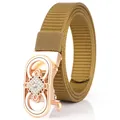 Women's khaki nylon belt with a rose gold floral buckle encrusted in white crystals - Rose Gold Buckle - Wolf Brown