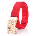 Red nylon casual belt for women with golden swan automatic buckle and crystals - 110cm / Rose Gold-Red