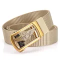 Men's khaki nylon tactical belt with matte gold automatic lion buckle on white background - 120cm / Antique Copper Buckle - Khaki