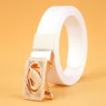 White nylon belt for women featuring a gold-finish swan buckle with sparkling crystals - 110cm / Rose Gold-White