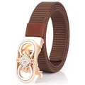 Women's dark brown woven nylon belt with rose gold automatic buckle and rhinestones - Rose Gold Buckle - Coffee