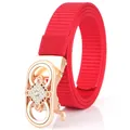 Red nylon webbing belt featuring a gold automatic buckle with sparkling white rhinestones - Rose Gold-Red
