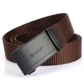 Men's brown nylon web belt with black matte automatic buckle in a coiled display - Brown