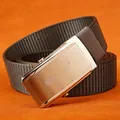 Men's outdoor canvas belt with brown woven strap and golden automatic slider buckle - Silver Buckle - Dark Gray