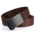 Men's dark brown nylon woven belt with matte black automatic metal buckle on white background - 120cm / Brown