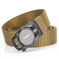 Men's khaki nylon tactical belt with black automatic buckle and round logo detail - 120cm / Black Buckle - Wolf Brown