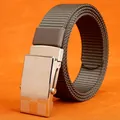 Men's dark grey nylon woven belt with silver checkered metal automatic buckle - 120cm / Silver Buckle - Dark Gray