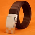Dark brown nylon braided belt with silver checkered automatic slide buckle for men - 120cm / Silver Buckle - Coffee