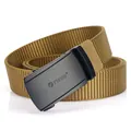 Khaki nylon woven belt with a matte black automatic buckle featuring the TUSHI logo - Coyote Brown