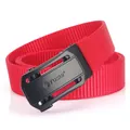 Vibrant red nylon canvas belt featuring a matte black automatic buckle with TUSHI logo - Black Buckle - Red