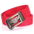 Men's red nylon tactical belt with dark grey metal automatic buckle featuring a lion crest - 120cm / Gunmetal Buckle Red