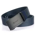 Men's navy nylon woven belt with matte black automatic buckle in a coiled view - Sapphire Blue