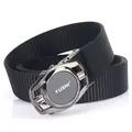 Black woven nylon tactical belt for men with gray automatic buckle and brand detail - 120cm / Gunmetal Buckle Black