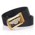 Men's black nylon automatic buckle belt with golden lion head relief and TUSHI logo - 120cm / Antique Copper Buckle - Black