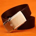 Brown nylon canvas belt with a brushed metal automatic slider buckle and TUSHI logo - Silver Buckle - Coffee