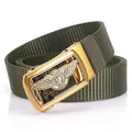 Military style army green nylon woven belt with golden lion head automatic buckle - 120cm / Antique Copper Buckle - Army Green