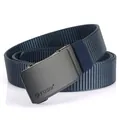 Men's navy blue woven nylon belt with black automatic buckle and lion logo - 120cm / Sapphire Blue