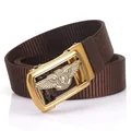 Brown woven nylon belt for men featuring a gold-finished automatic lion buckle - 120cm / Antique Copper Buckle - Coffee