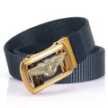 Men's navy blue nylon belt with a matte gold lion automatic buckle by TUSHI - 120cm / Antique Copper Buckle - Royal Blue