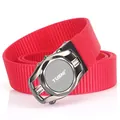 Red nylon woven belt with automatic metal buckle and circular logo decorative plate - 120cm / Gunmetal Buckle Red